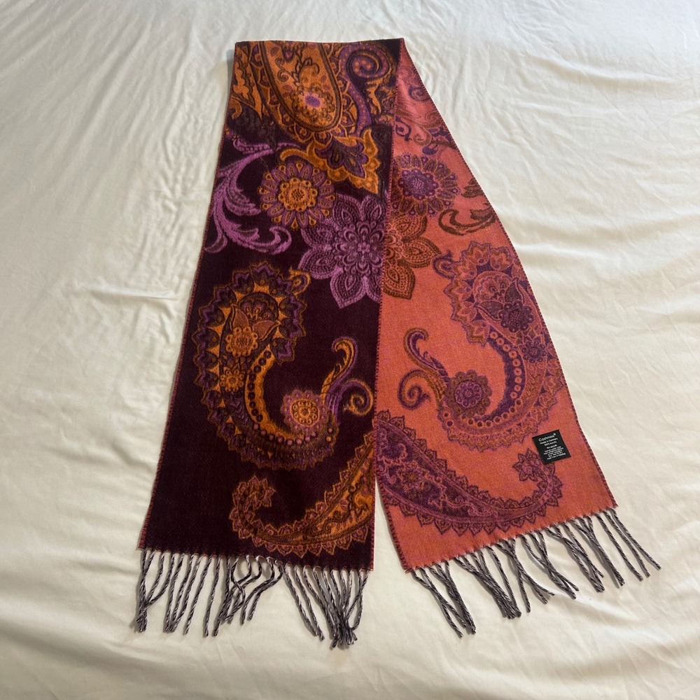 Cashmink Made in Germany Purple Orange Paisley Acrylic Fringe Scarf RN 66349